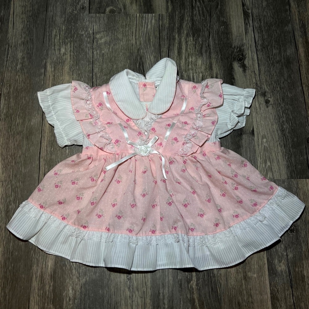 VTG Mayfair 9M‎ Pink Floral Baby Dress Lace Ruffle Collar Cottagecore Heirloom